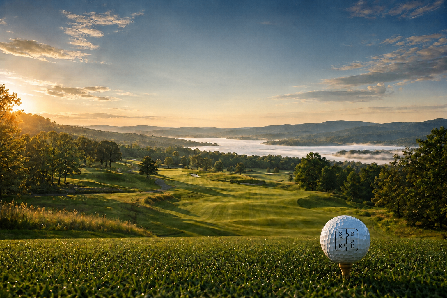 Parkland golf course at sunrise with the SBKE ball on a tee in the foreground